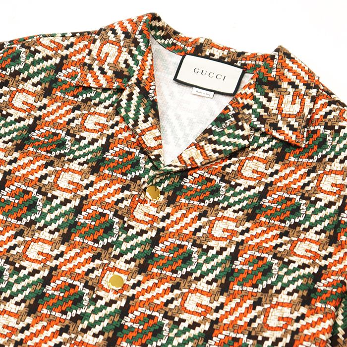 【未使用】GUCCI グッチ 半袖シャツ サイズ 48 メンズ GG ロゴ 総柄 オープンカラー ヴィンテージライク トップス マルチカラー オレンジ グリーン イタリア製