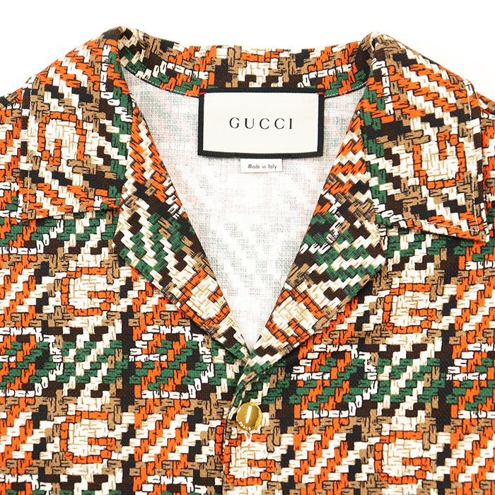 【未使用】GUCCI グッチ 半袖シャツ サイズ 48 メンズ GG ロゴ 総柄 オープンカラー ヴィンテージライク トップス マルチカラー オレンジ グリーン イタリア製
