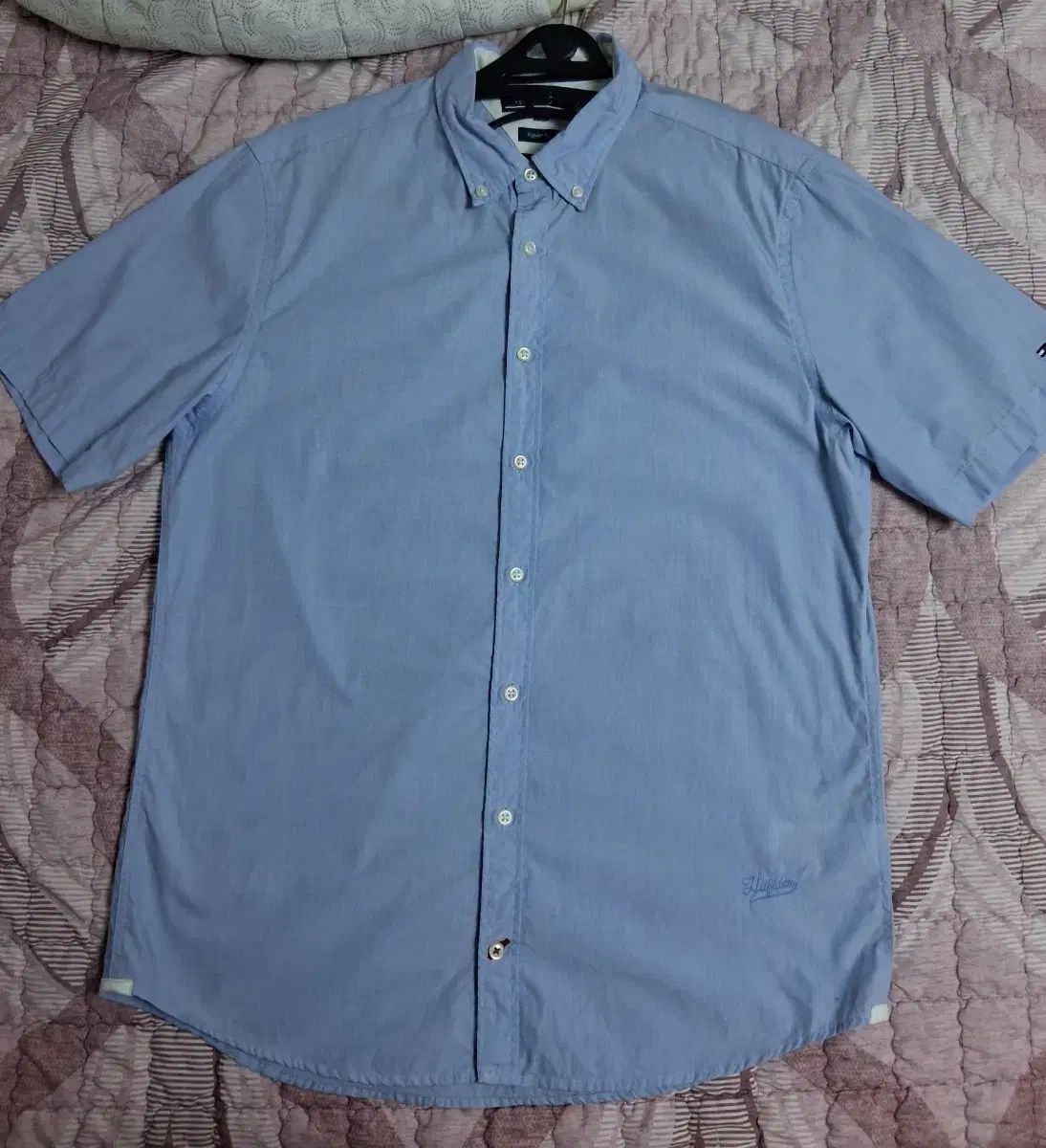 メンズ Tommy Hilfiger トミーヒルフィガー 半袖 ブルーシャツL 100/95