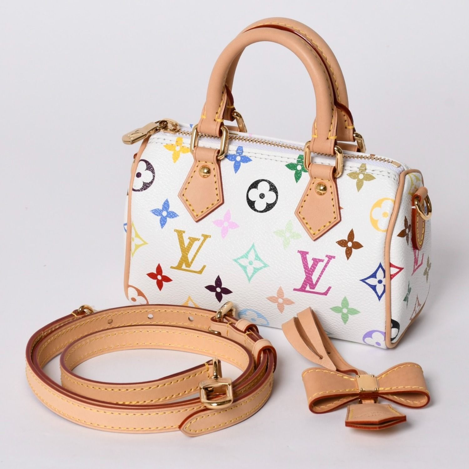 新品同様 LOUIS VUITTON ルイヴィトン ナノ スピーディ ハンドバッグ M13391 モノグラム マルチカラー ホワイト 村上隆 中古 4a001528