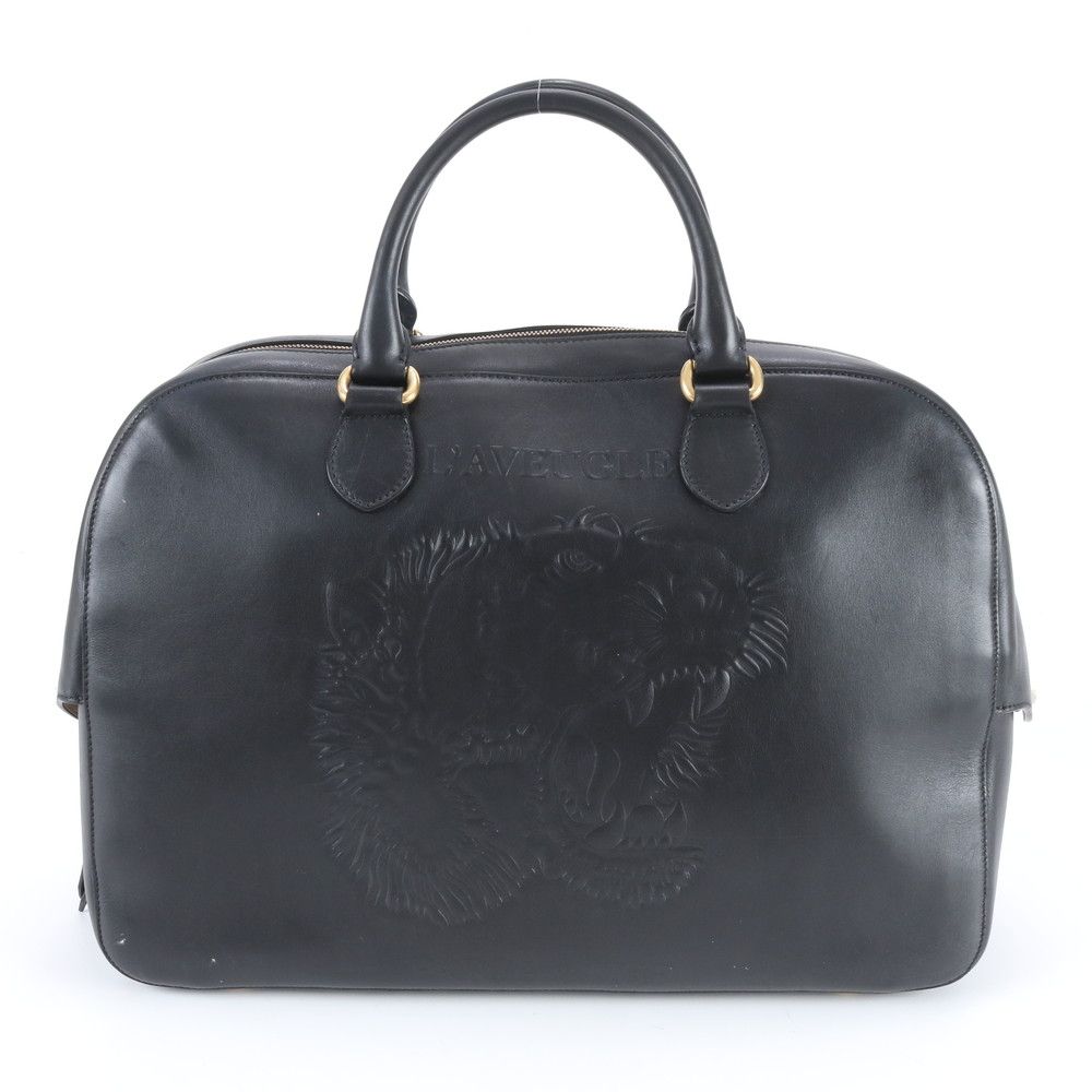 美品 グッチ タイガー 450999 レザー ボストン バッグ 出張 旅行 トート トラベル ビジネス ブラック 黒 メンズ REE DZ38-1【中古】