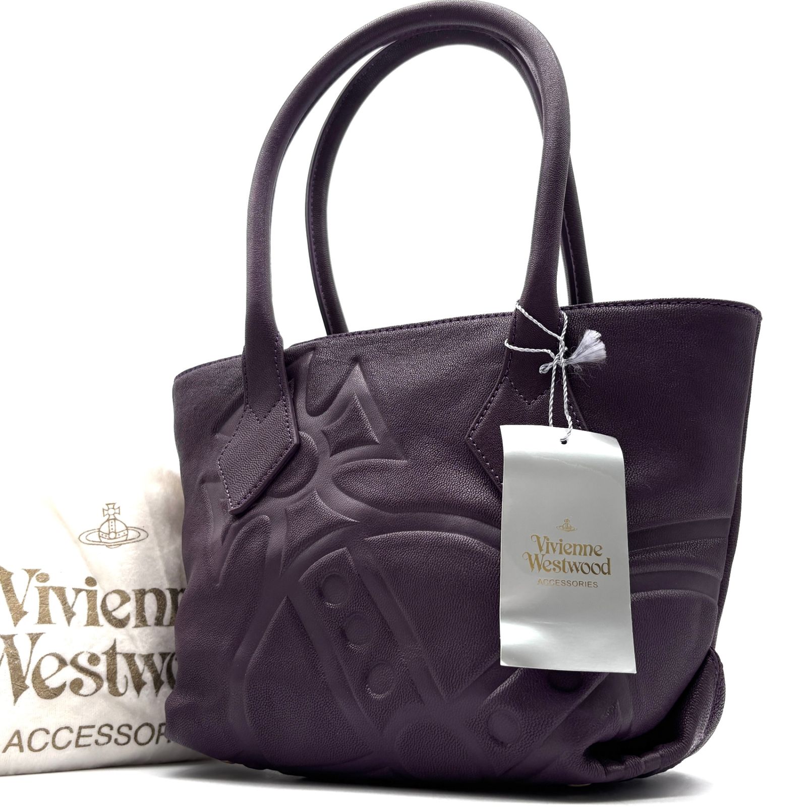 未使用保管品 Vivienne Westwood ヴィヴィアンウエストウッド アーサー レザー トートバッグ パープル オーブ 型押し 肩掛け ハンドバッグ 大容量 通勤 通学 夏休み お出かけ ボーナス サマーギフト