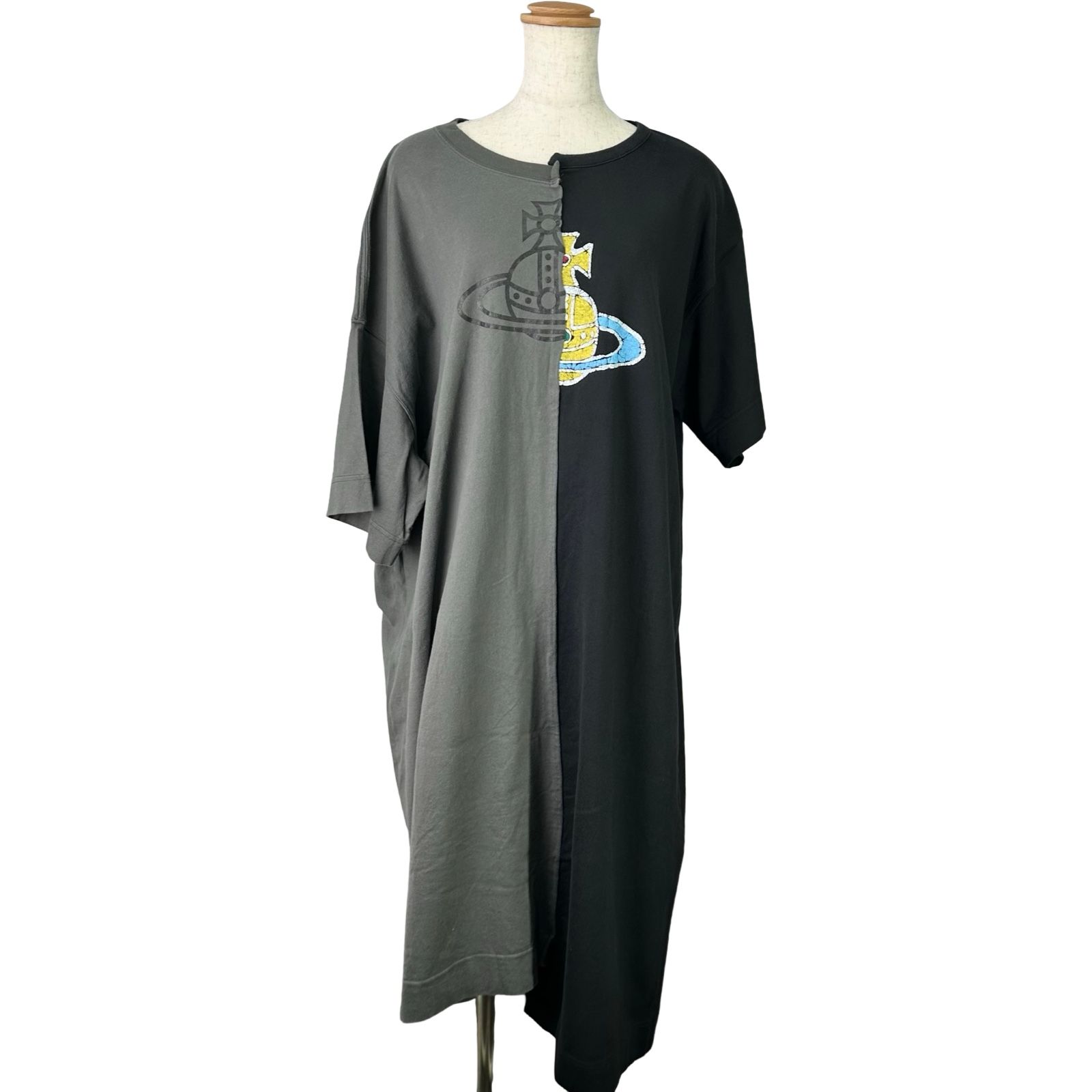 ヴィヴィアンウエストウッド Vivienne Westwood アシンメトリーオーブロゴ 半袖ワンピース 6763 ブラック/グレー コットン レディース ワンピース