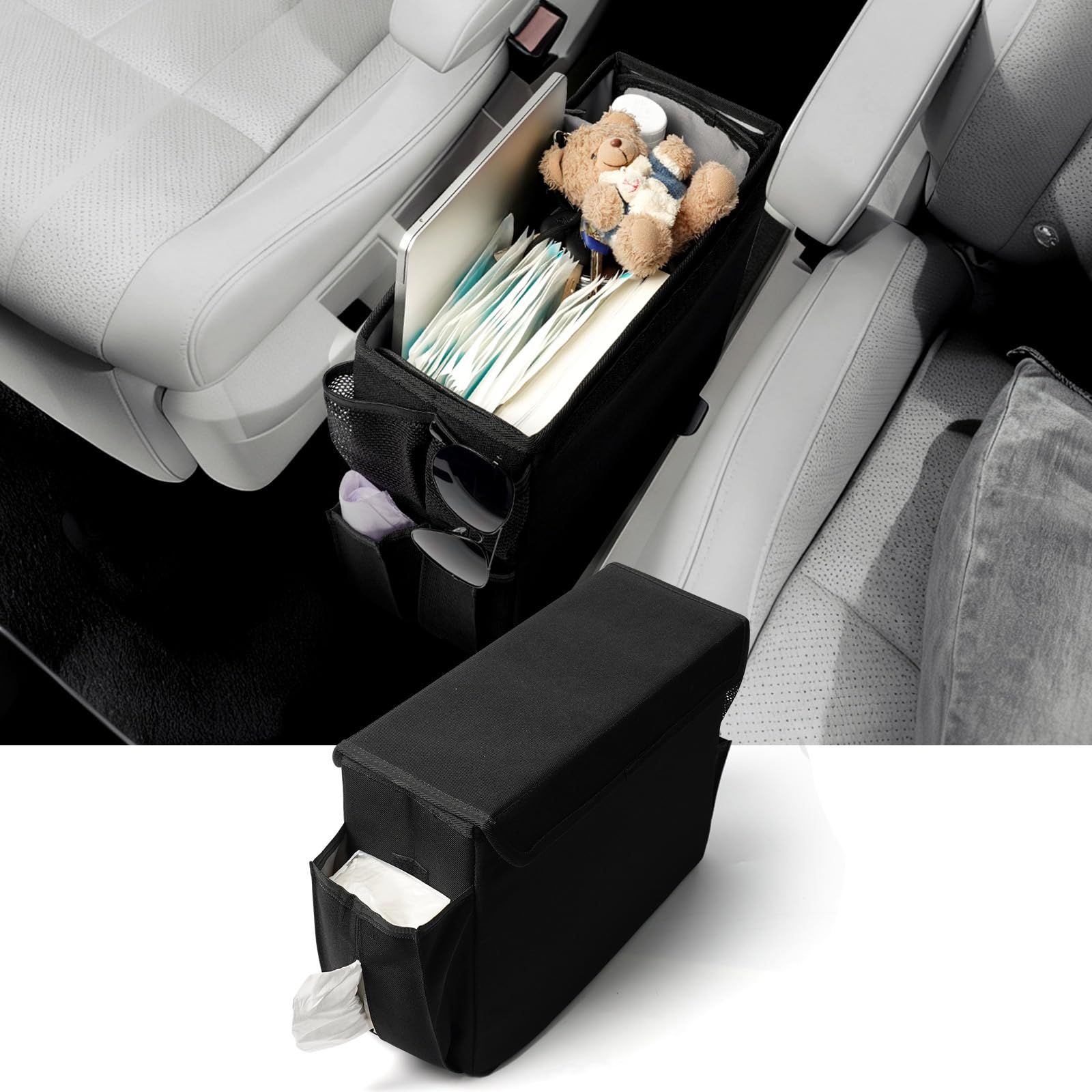 コンソールボックス 車 収納ボックス ゴミ箱 ティッシュケース 足置き 4WAY 車内収納 小物入れ 荷物置き 車内整理 車中泊 便利グッズ 車収納ボックス 助手席 シートボックス 汎用 コンパクト 多機能 折り畳み 蓋付き Sサイズ(沖縄・ f60c5efb
