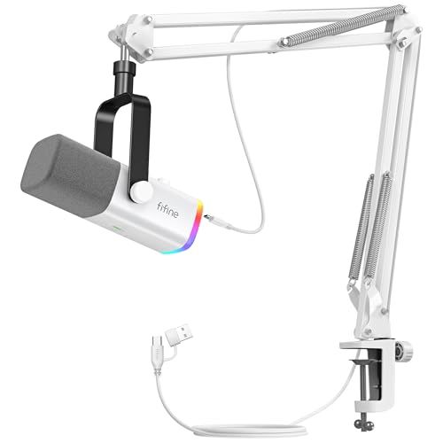 FIFINE XLR/USB ゲーミングマイクセット ストリーミング ポッドキャスト用 ダイナミックマイク PCマイク ブームアームスタンド付き RGB機能付き ミュートボタン ヘッドフォンジャック ボーカル ボイスチャット 録音 配信 実況 ad61dde5