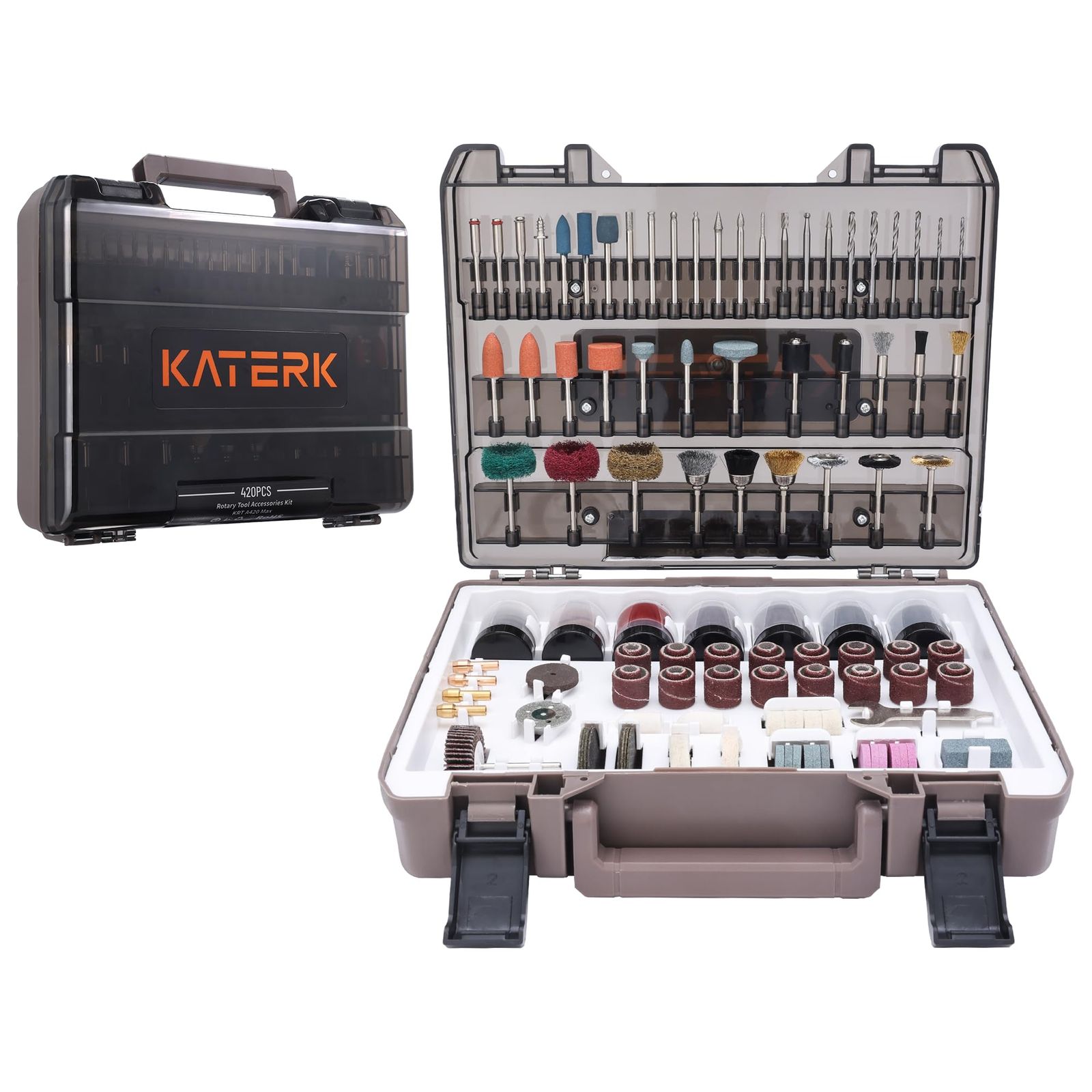 KATERK リューター用 420点 ビットセット【オールインワンのフルセット】ミニルーター 1/8インチ（3.2mm）軸径対応 ロータリーツールアクセサリーキット多機能セット 簡単に切断・研磨・削り・研ぎ・彫刻・磨き・クリーニングが可能 （ fd6cbf1c