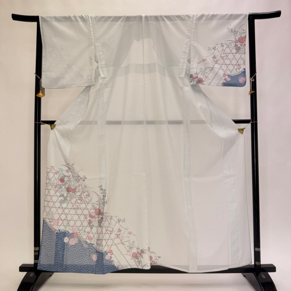 訪問着 付け下げ 絽 夏用 夏 洗える着物 礼装 ポリエステル 裄65.3cm M サイズ 白 水色 5650