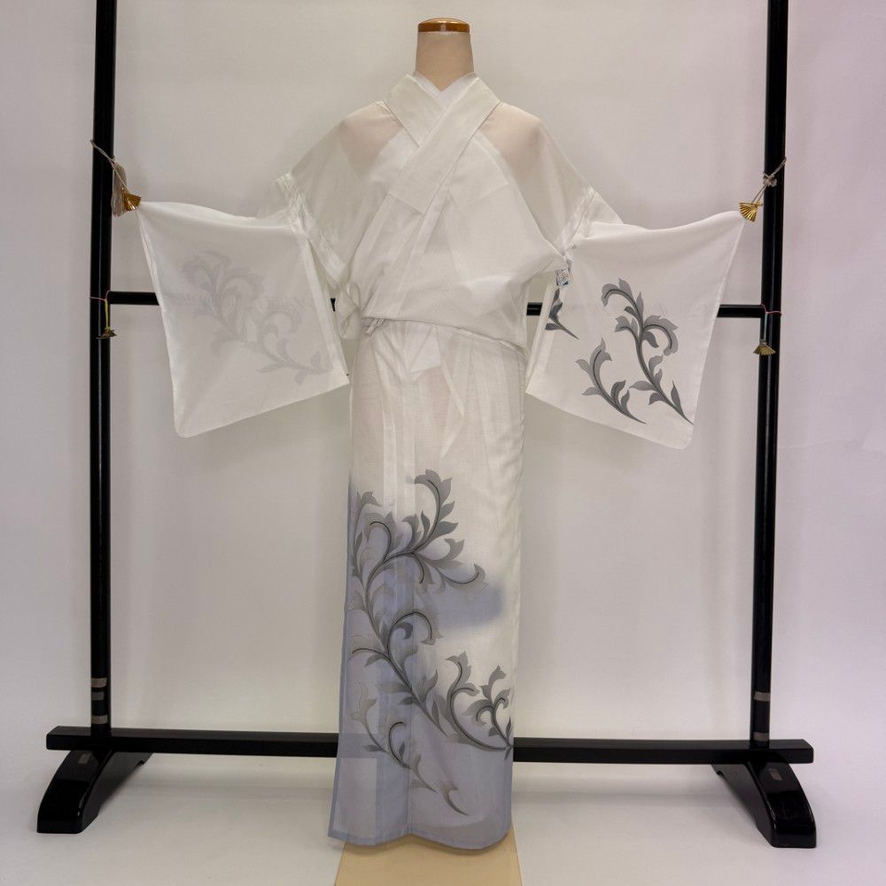 訪問着 付け下げ 単衣 洗える着物 礼装 ポリエステル 裄64.2cm 身丈157cm M サイズ オレンジ グレー  5355 訪問着 付け下げ 絽 夏用 夏 洗える着物 礼装 ポリエステル 裄67.5cm L