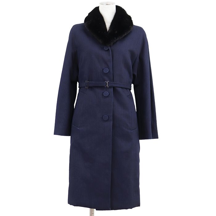 【未使用】PRADA プラダ ジャケットコート サイズ 38 レディース ミンクファー パデッド ストレッチ ベルテッド アウター ベルト付属 ネイビー 紺 イタリア製