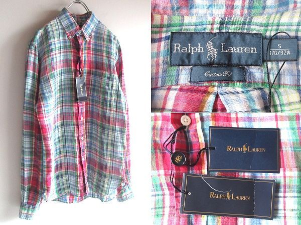 新品タグ付 Ralph Lauren ラルフローレン CUSTOM FIT リネン チェックシャツ BDシャツ S レッド ブルー グリーン イエロー 国内正規品