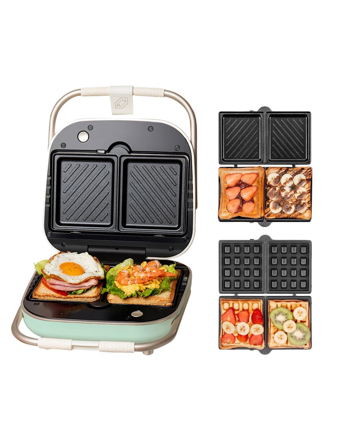 【特価商品】ホットサンドメーカー 耳まで焼ける 電気 ワッフルメーカー SOLEMOOD 着脱式 コンパクト マルチサンドイッチ 厚焼 ダブル 両面 プレート２種類 ホットサンドマシン ワッフルプレート付き 丸洗い お手入れ簡単 新生活 家族 ポータブル (エ