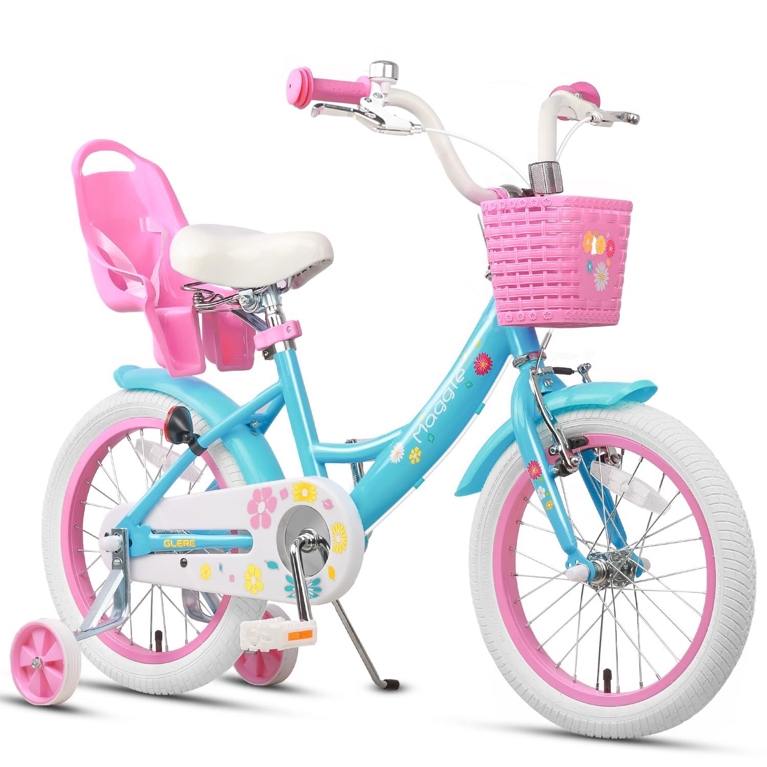 新品 Glerc（グレーク）Maggie女の子子供用自転車用キッズバイク こども幼児小学生低学年5歳6歳7歳8歳9歳 かわいい花柄 前かご付き 取り外し可能補助輪付き 高さ調節可能柔らかいサドル ぬいぐるみ座席付き vブレーキ 16インチ 水色&ピンク