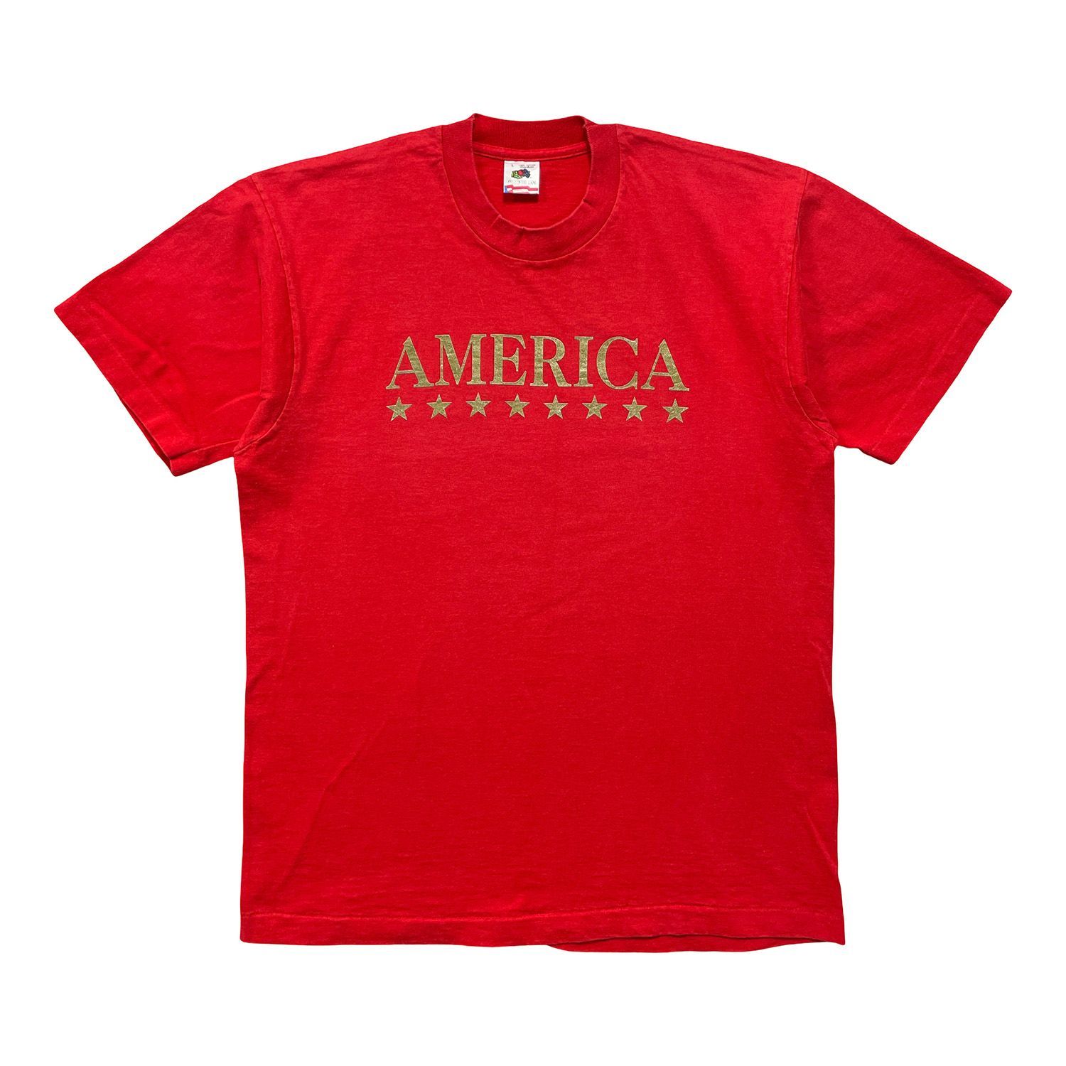 古着 USA製 90S フルーツオブザルーム AMERICA 星 ヴィンテージ Tシャツ プリント メンズL レッド シングルステッチ BA5440