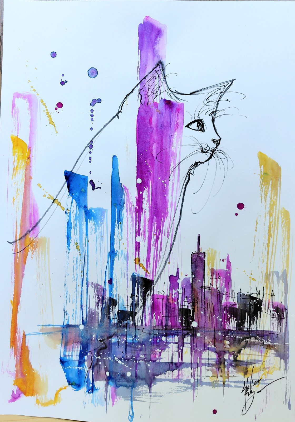 原画#3784 黒猫　マルタ共和国　地中海　水彩画　ドローイング　インテリア　絵 原画#501 猫 ニューヨーク 水彩画 ドローイング インテリア アート