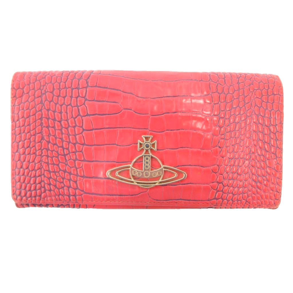 ヴィヴィアンウエストウッド Vivienne Westwood 長財布 ウォレット フラップ クロコ型押し レザー オーブロゴ ピンク /JS ■GY11
