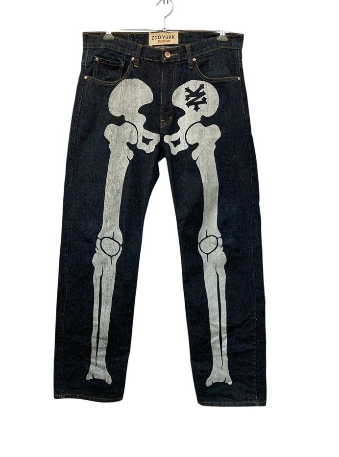 ZOO YORK ズーヨーク ボーンプリント デニムパンツ 34インチ メンズ 中古 D4