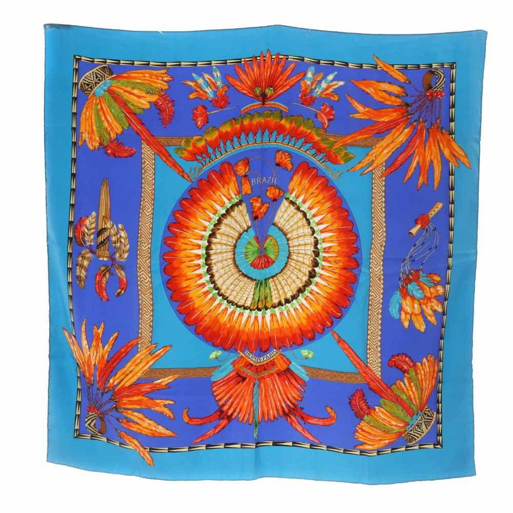 エルメス HERMES BRAZIL ブラジル スカーフ 総柄 青 カレ 90
