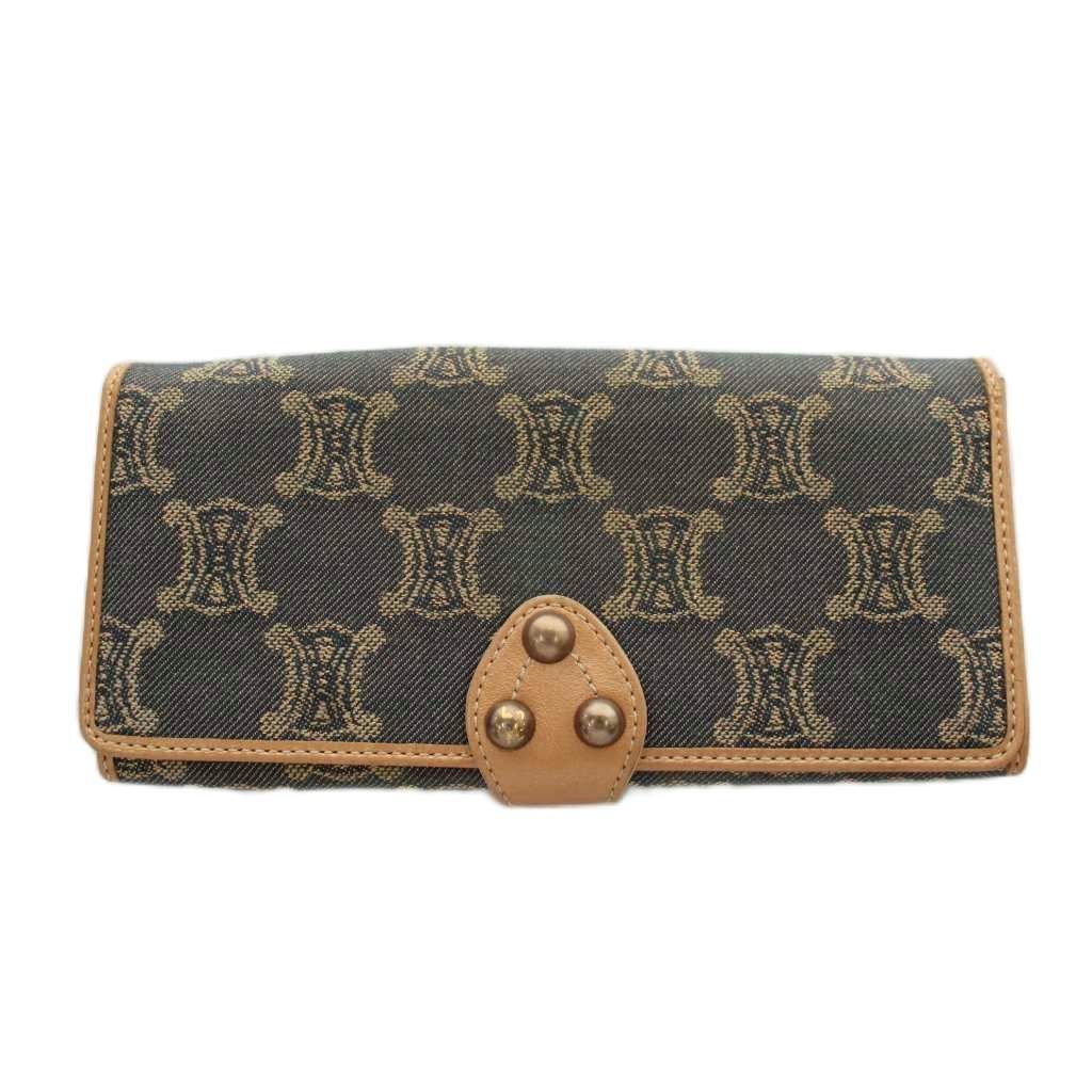 セリーヌ CELINE マカダム柄 長財布 二つ折り 小銭入れ キャンバス レザー グレー ベージュ /AN66 ■GY18 ■OH