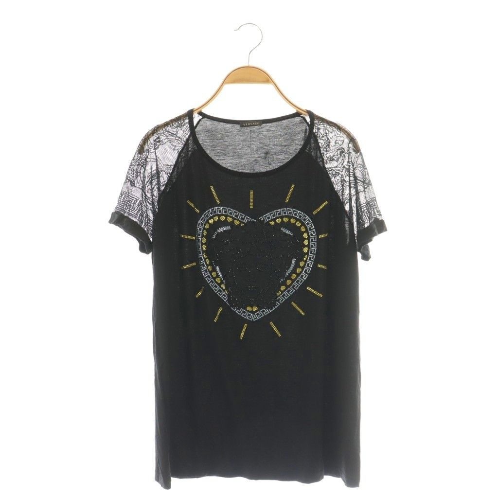 ジャンニヴェルサーチ ヴェルサーチェ GIANNI VERSACE Tシャツ カットソー 半袖 レース メデューサ スタッズ装飾 黒 マルチカラー A66357 A211144 13SS /CX ■GY18