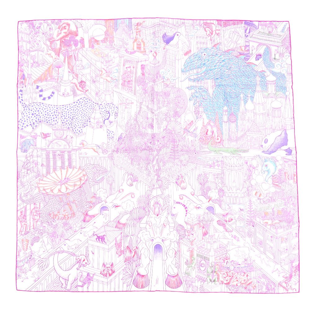 美品 エルメス カレ90 アニマポリス Animapolis シルク パープル スカーフ 0318 HERMES