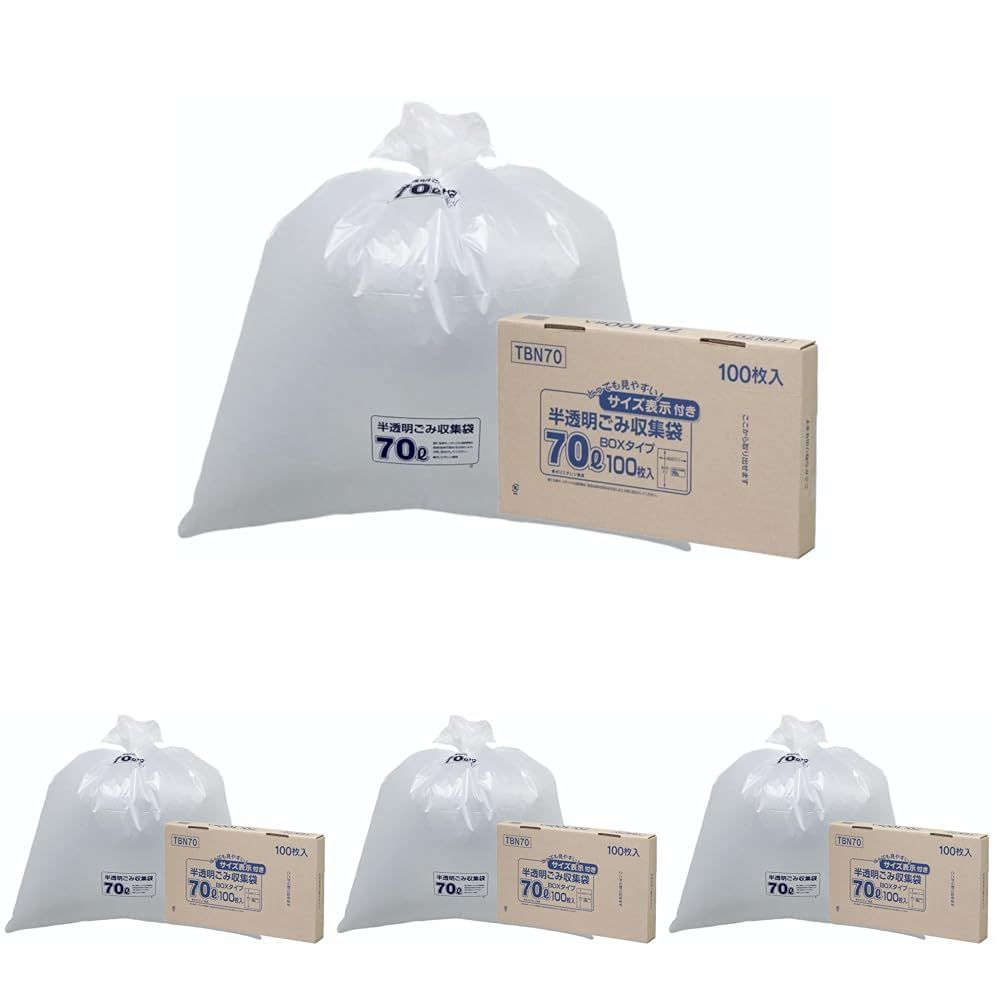 新品 ジャパックス ゴミ袋 容量表示入 白半透明 70L 横80cm×縦90cm厚さ0.025mm 収納に便利な ボックスタイプの ポリ袋 TBN-70 100枚入り (× 4)