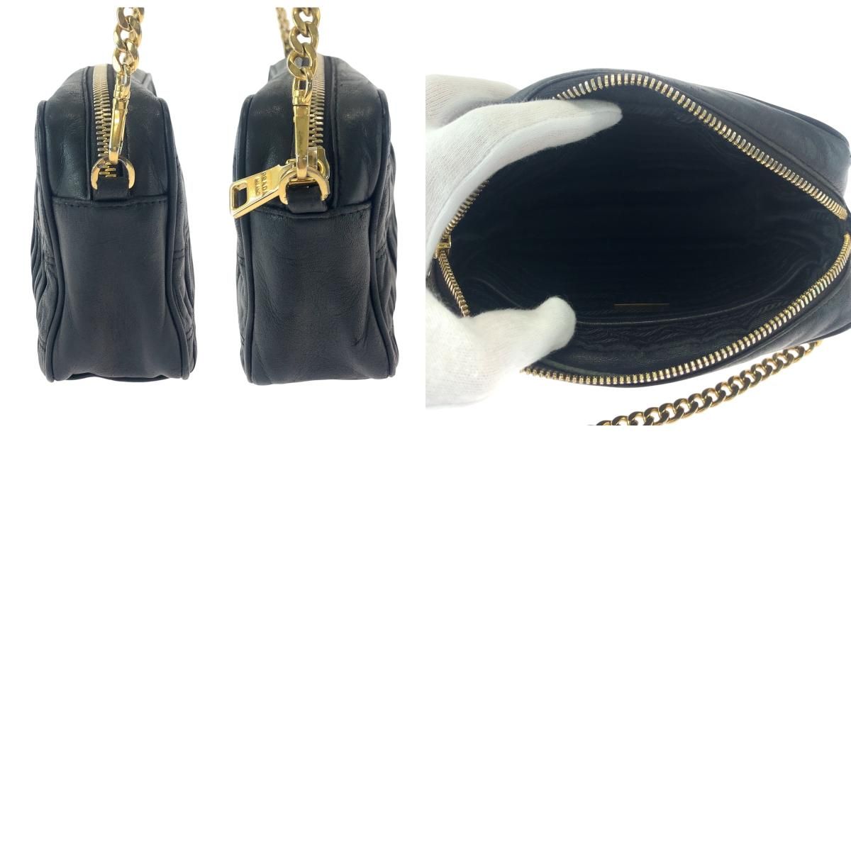 美品 PRADA プラダ ナッパレザー ギャザー ブラック 黒 ゴールド金具