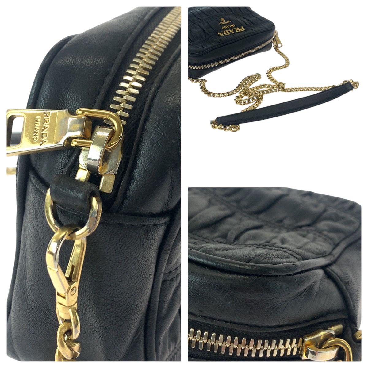 美品 PRADA プラダ ナッパレザー ギャザー ブラック 黒 ゴールド金具 