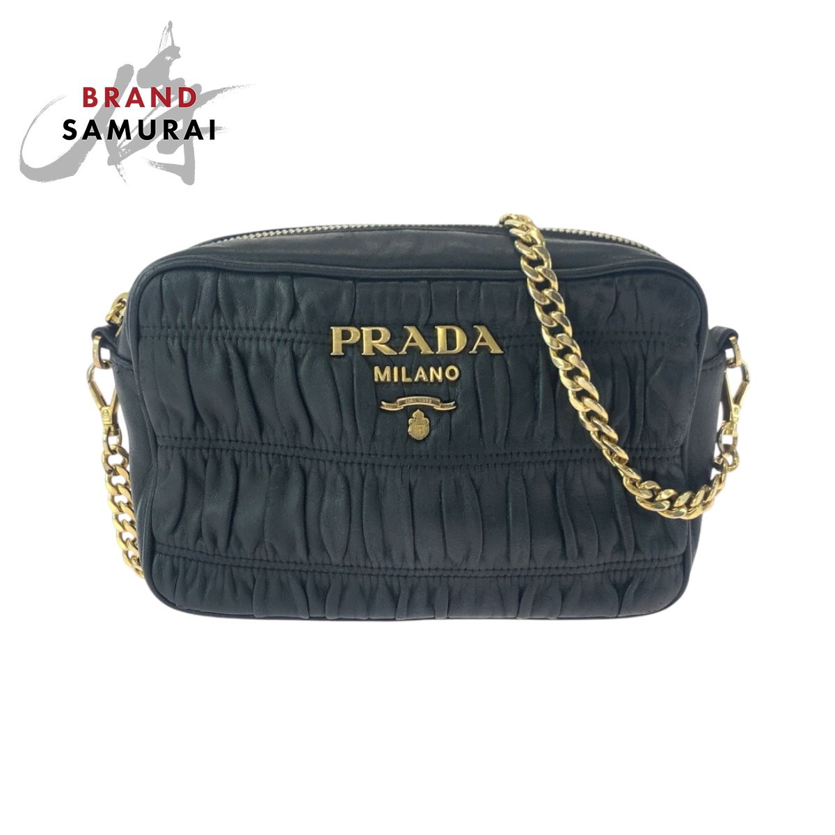 美品 PRADA プラダ ナッパレザー ギャザー ブラック 黒 ゴールド金具 