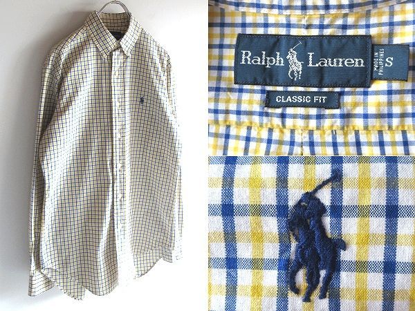 希少 00sビンテージ Ralph Lauren ラルフローレン CLASSIC FIT ポロポニーロゴ刺繍 チェックシャツ BDシャツ S 青 黄 白 RN41381 USA企画