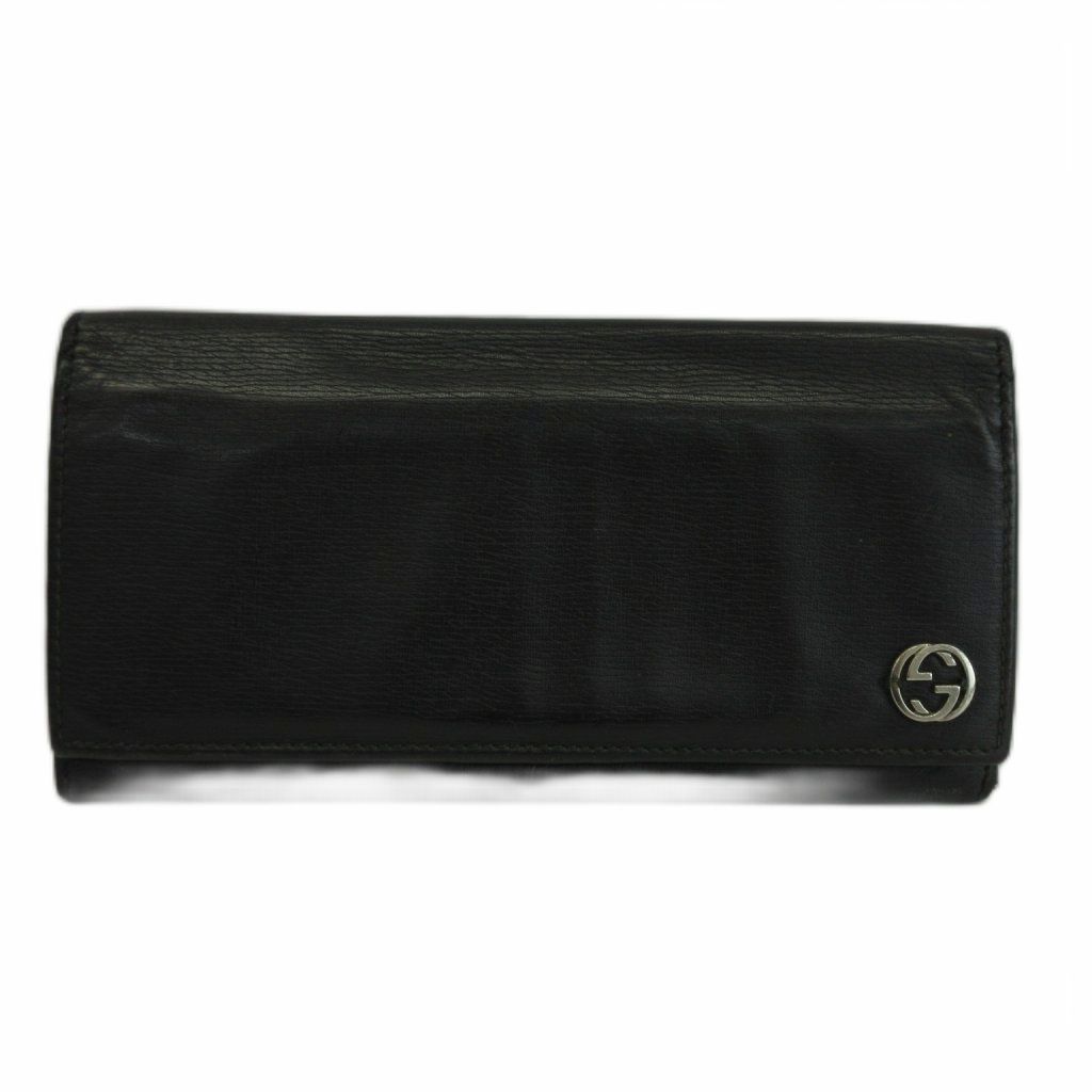 グッチ GUCCI 長財布 二つ折り レザー インターロッキングG 黒 ブラック /XZ ■GY18