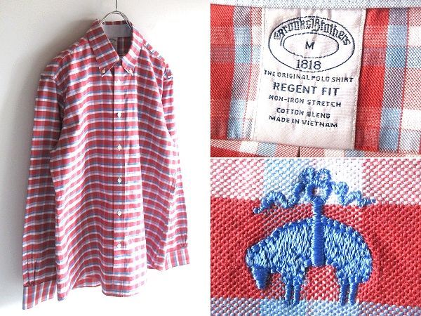Brooks Brothers ブルックスブラザーズ REGENT FIT 羊ロゴ刺繍 ストレッチオックスフォード チェックシャツ BDシャツ M 赤