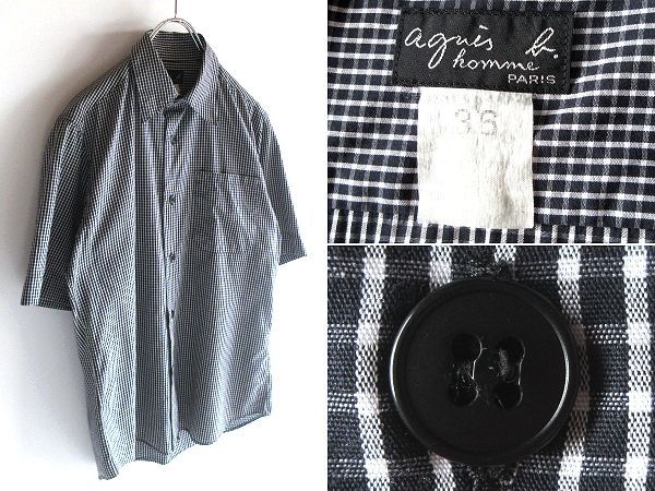 希少 90sビンテージ agnes b. homme アニエスベーオム コットン 半袖 チェックシャツ 36 黒白 ブラック ホワイト 日本製