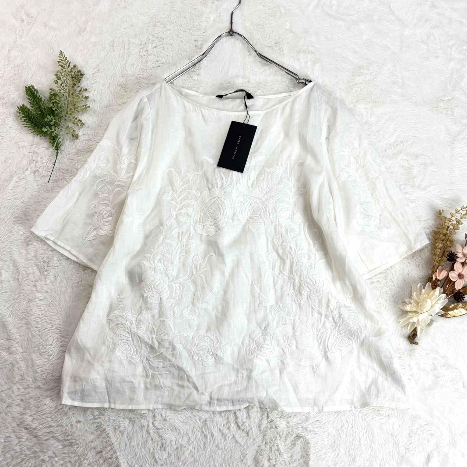 新品 未使用 ZARA ザラ 半袖 シャツ ブラウス リネン/麻 100% 花柄 