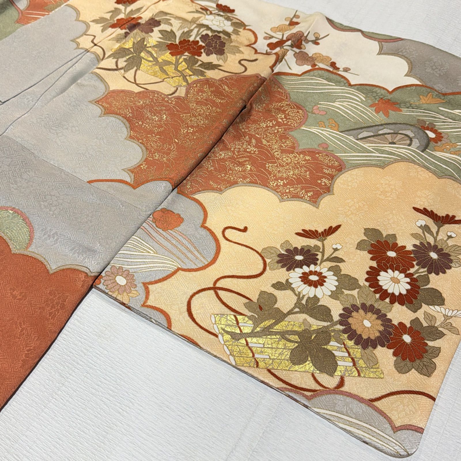 訪問着 着物 中古 正絹 袷 フォーマル 金駒刺繍 花の図 地模様 紅掛空色 多色 金 身丈158cm 裄67.5cm M きもの北條 A1213-6 訪問着 着物 中古 正絹 袷 フォーマル 金駒刺繍 花の図 地模様 紅掛