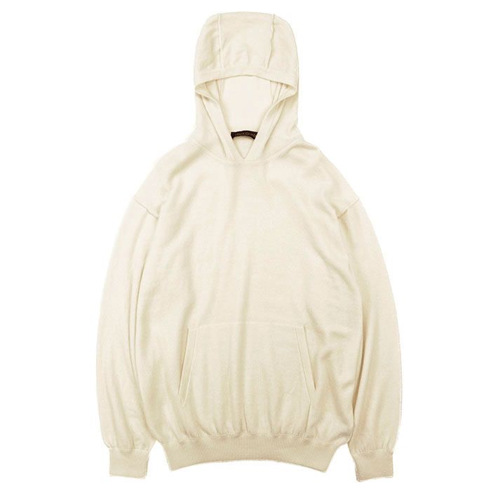 【美品】LOUIS VUITTON ルイ・ヴィトン ニット パーカー サイズ XXL メンズ 2019AW ロゴ プレート ロングスリーブ カシミヤ/シルク/ナイロン フーディー トップス アイボリー イタリア製
