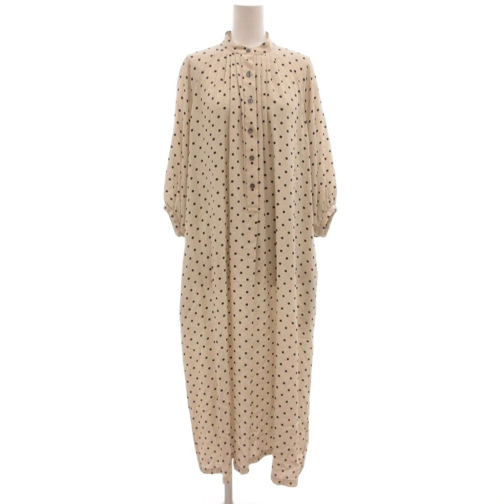 サード THIRD 美品 ワンピース バンドカラー 9 ドット柄 シャーリング ラグランスリーブ 七分袖 ロング マキシ丈 ベージュ 黒 ブラック /KB ■ECG003