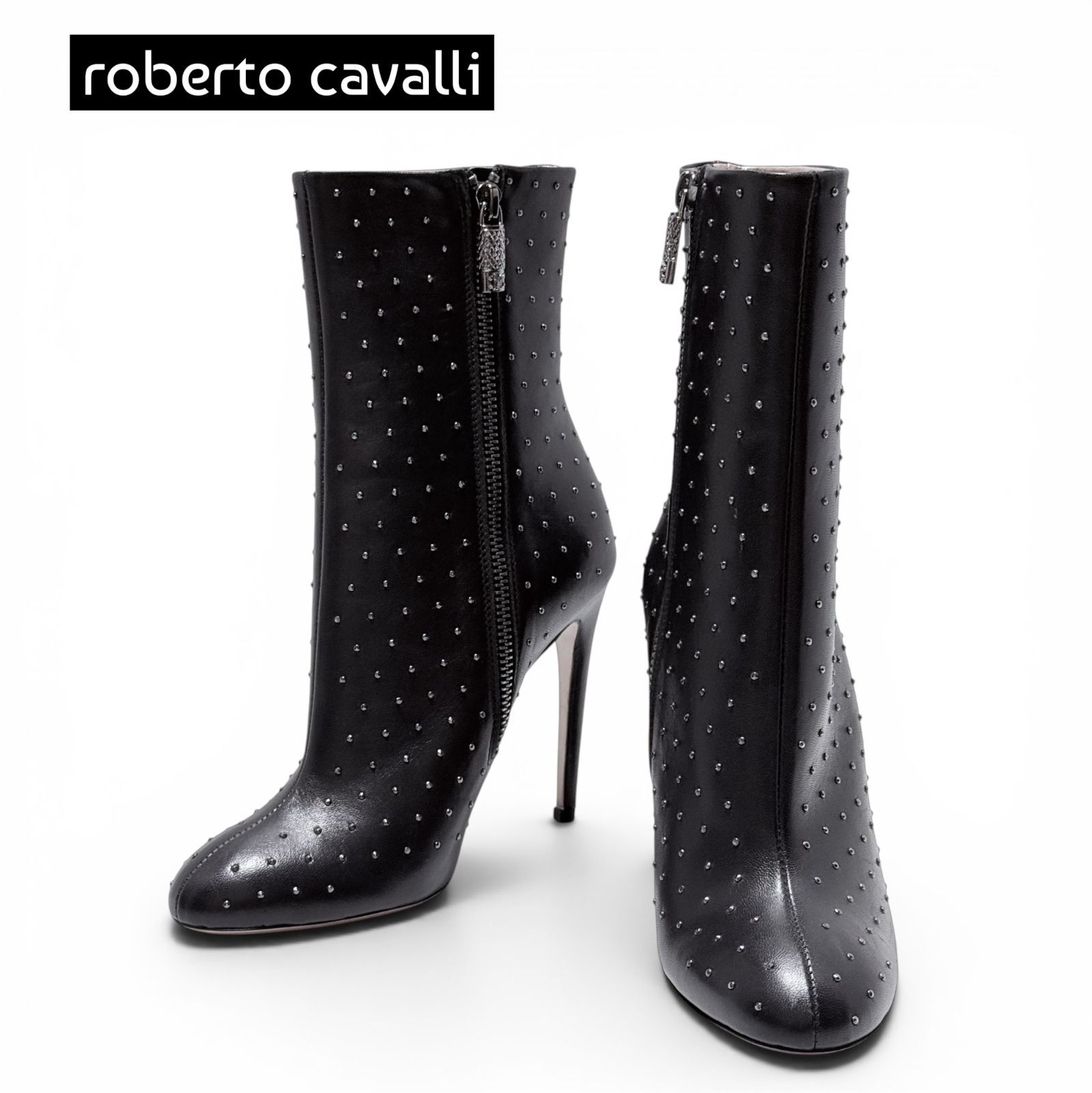 【未使用】roberto cavalli スタッズ レザー ブーツ 36 イタリア製 ピンヒール 黒