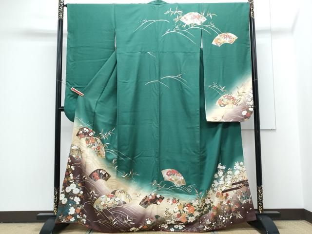 平和屋着物●豪華振袖　花尽くし地紋　緑青色　正絹　逸品　AABF0486fy 平和屋着物□豪華振袖 枝花文 暈し染め 金彩 正絹 逸品 CABG6434xeの