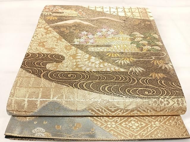 平和屋着物◎六通柄袋帯　唐織　金閣寺　紫峰水明　金糸　正絹　逸品　AABI1150yx