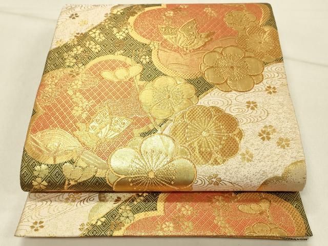 平和屋着物◎本綾佐賀錦　伝統工芸品産業功労者　岡野武一郎　六通柄袋帯　花蝶文　金糸　正絹　逸品　DABE3914qp