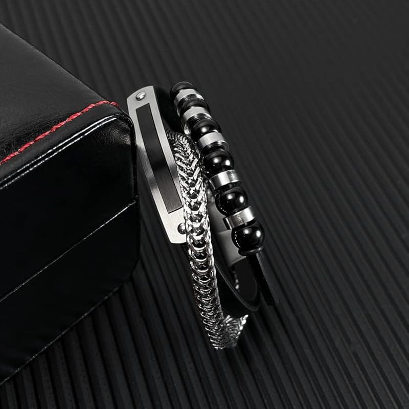 新品】 [Rockyu] メンズ ブレスレット レザー 3連 ブラック 数珠風 