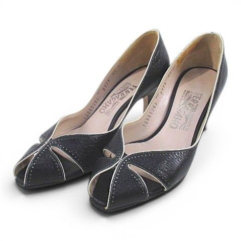 サルヴァトーレフェラガモ Salvatore Ferragamo 1DB85283 パンプス オープントゥ カットワーク パイピング 4.5 ブラック 黒系 レザー 12,168円