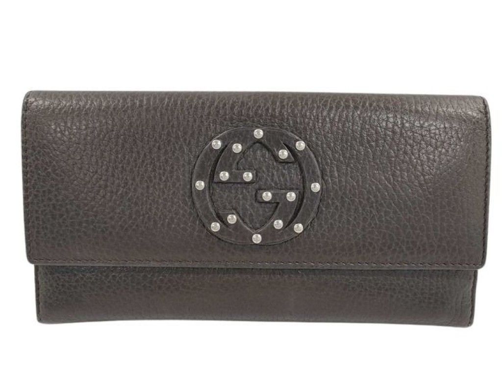 GUCCI グッチ 長財布 インターロッキングG 231843 ブラウン系 レザー ユニセックス スタッズ Ｗホック 二つ折り 美品