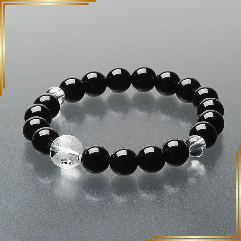 【新品】 仏壇屋 滝田商店 特選腕輪念珠 天然石ブレスレット 黒オニキス 龍彫り本水晶 10mm玉 内周約17.5cm◆数珠ブレスレット・ブレス数珠・ドラゴン・竜・お守り・腕輪数珠【滝田商店発行 証明書付】