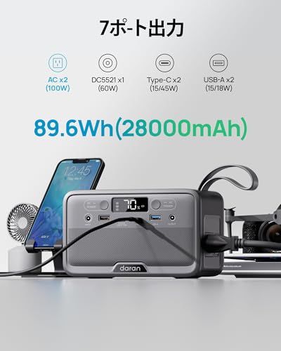 DARAN ポータブル電源 小型 100W 89.6Wh リン酸鉄バッテリー採用 AC 