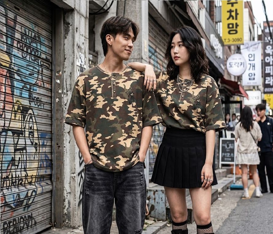 新品/人気品番] BIKE STAR サーマルTシャツ 迷彩 ヘンリーネック