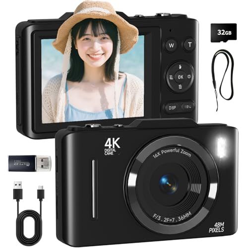 【新品】SRVR デジタルカメラ 4K 6800万画素 メモリーカード付属（32GB Micro SDカード＆ストラップ） プロ仕様の4K動画と48MP高精細写真を撮影可能 デジタルカメラ｜OTG対応でスマホへの直接転送が瞬時｜初心者向け安心 24568b30