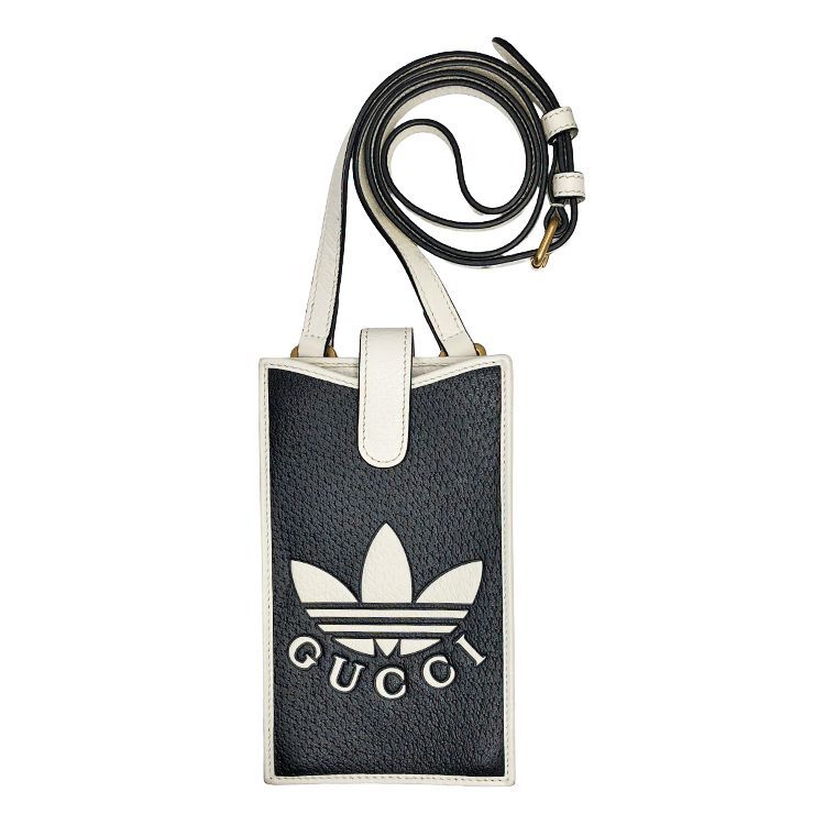 GUCCI × adidas グッチ × アディアダス PHONEポーチ スマートフォンケース 702203 ショルダー メンズ レディース レザー ネイビー ホワイト