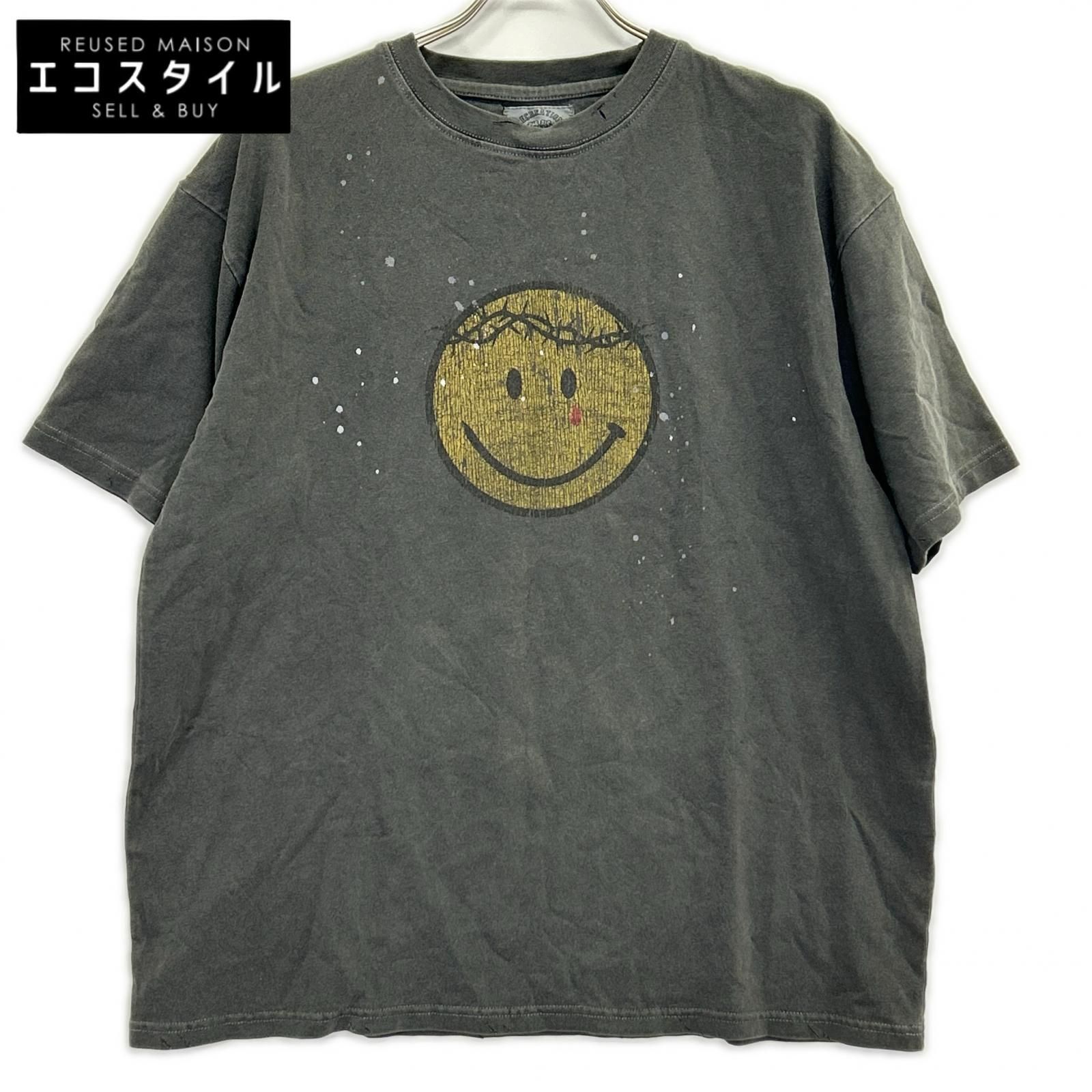 SOMEIT　サミット　T0677 ストーングレー ダメージペイント加工 スマイル/JESUS CHRISTプリント ANSWER VINTAGE TEE　M