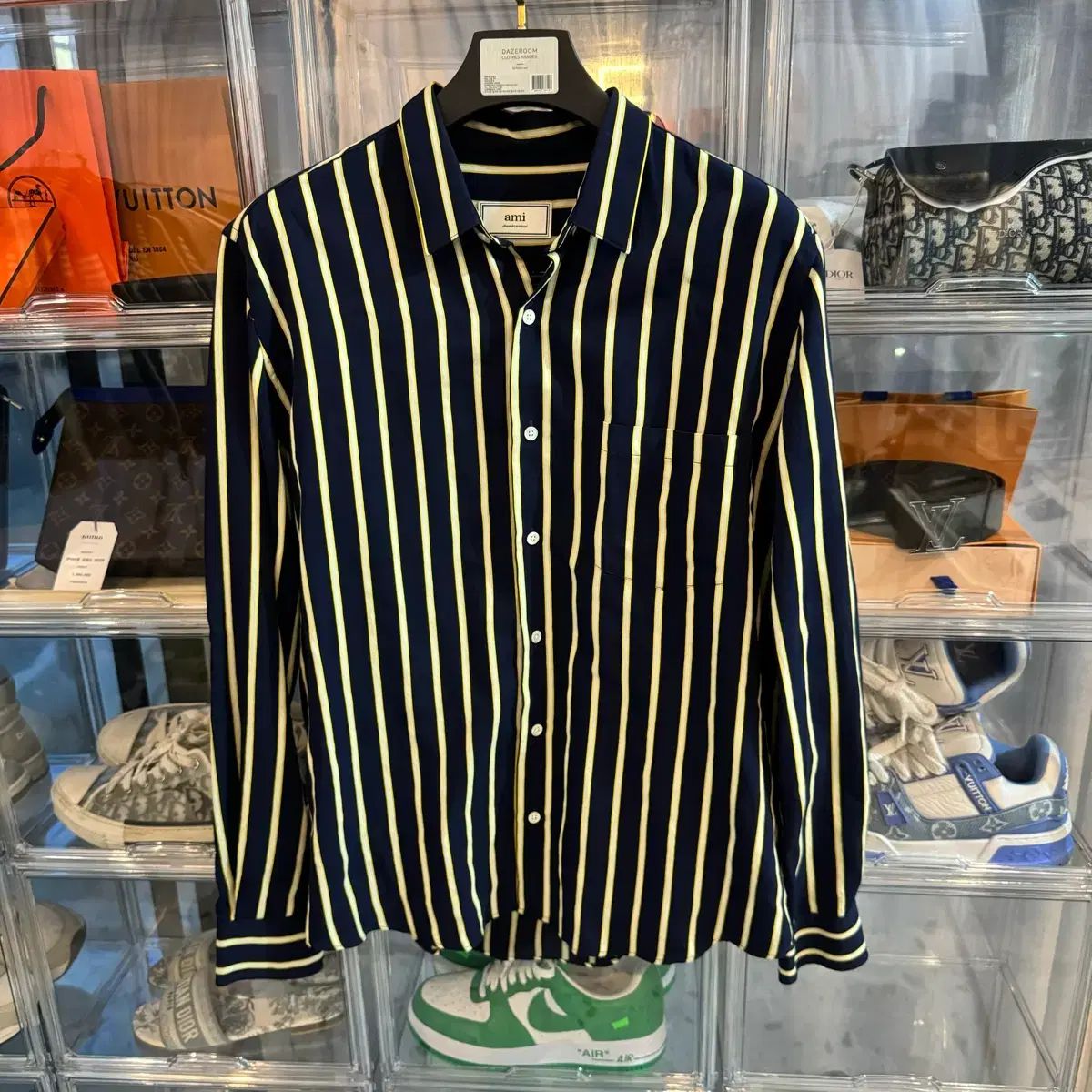 正規品/サイズ6 アミ ストライプ 長袖シャツ ネイビー/イェロー